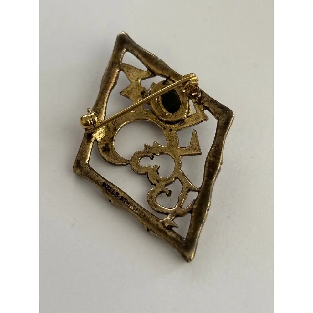 Vintage Wells Sterling Silver Gold Gilt Jade Bamboo Asian Style Brooch Pin